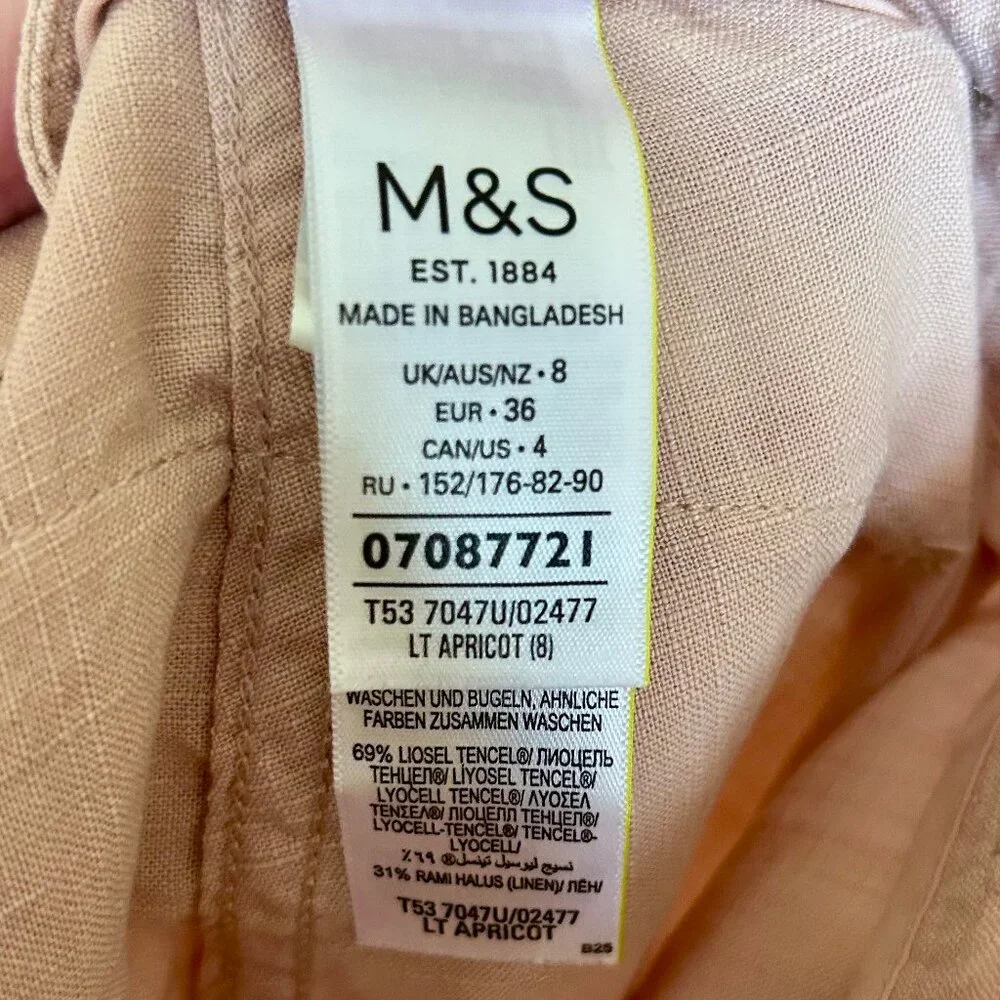 Per Una Linen Lyocell Blend Pleated Apricot Relaxed Pants Pockets Size 4 (US) - Picture 9 of 11